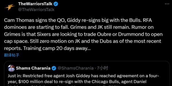 勇士自媒体转发吉迪续约：库明加和勇士仍无动静 距训练营剩20天